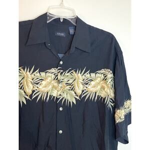 Vintage IZOD Hawaiian Shirt Mens Medium‎ Black Rayon Leaves Beach Cruise EUC